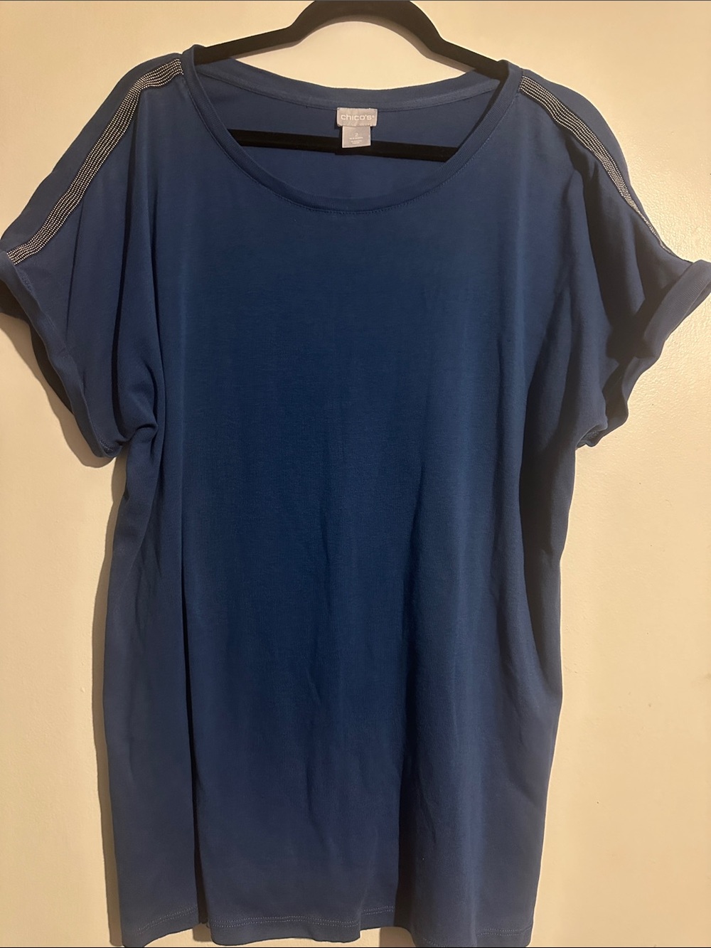 Chico's Navy Short-Sleeve Relaxed Tee with Shoulder Stripe Detail